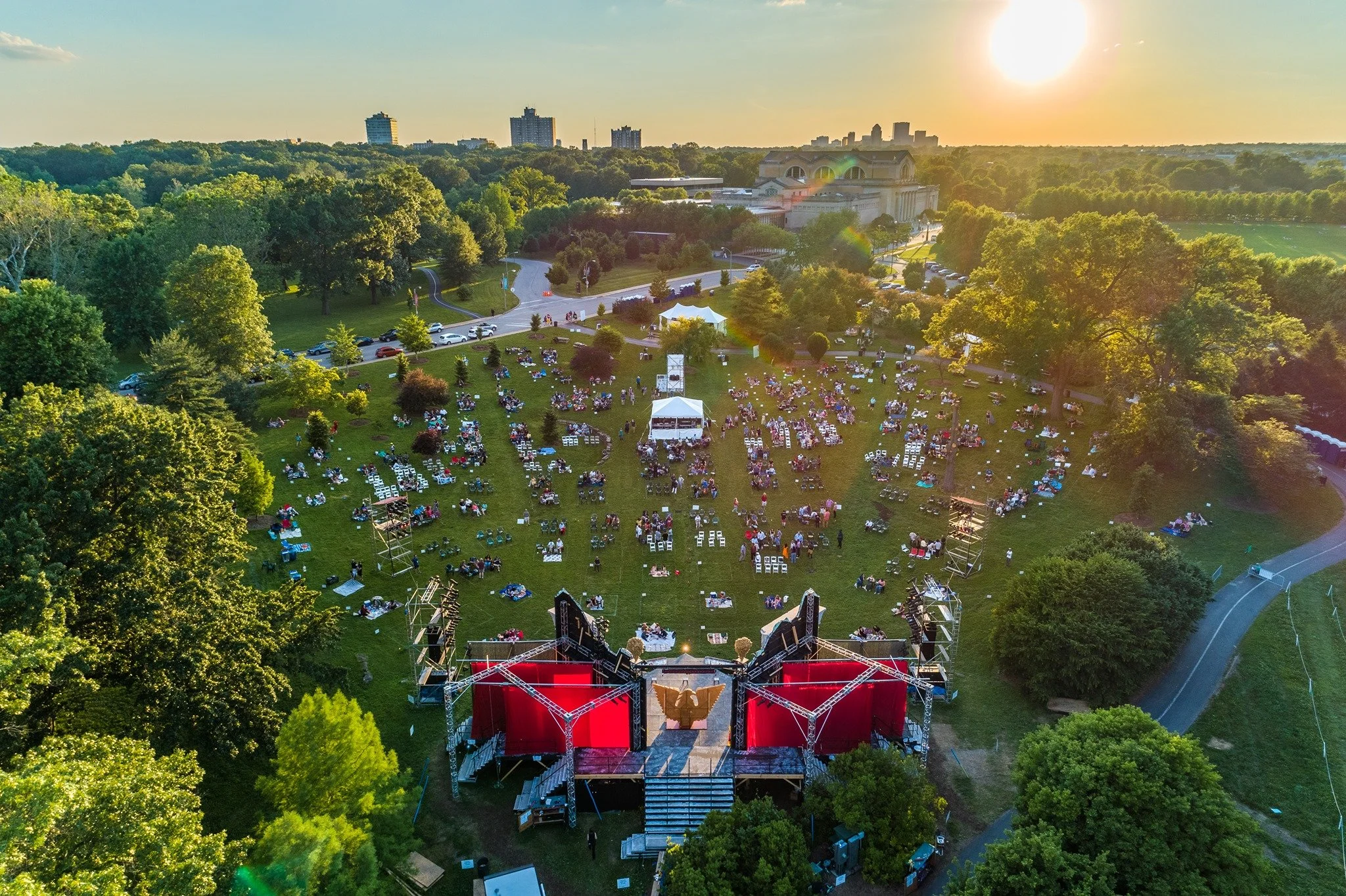 Aerial view of the outdoor Shakespeare Festival stage and audience footprint in Forest Park
